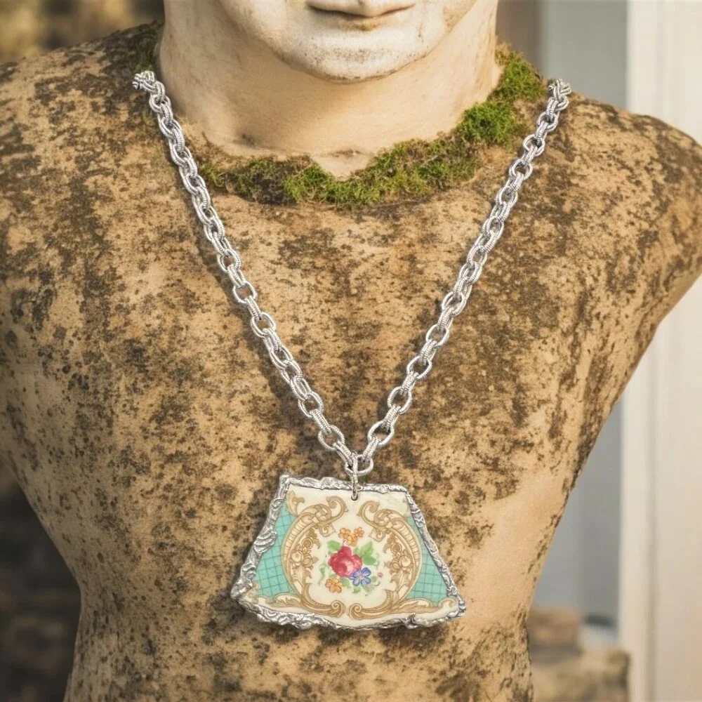 Vintage Floral Broken China Pendant Artisan Handcrafted Cabochon and Necklace